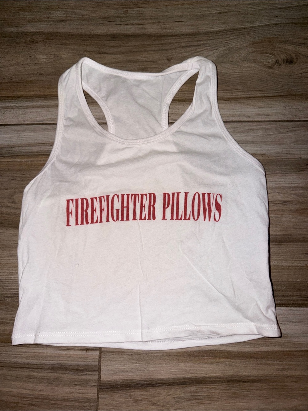 White Racerback Crop Tank with Red 'Firefighter Pillows' Print